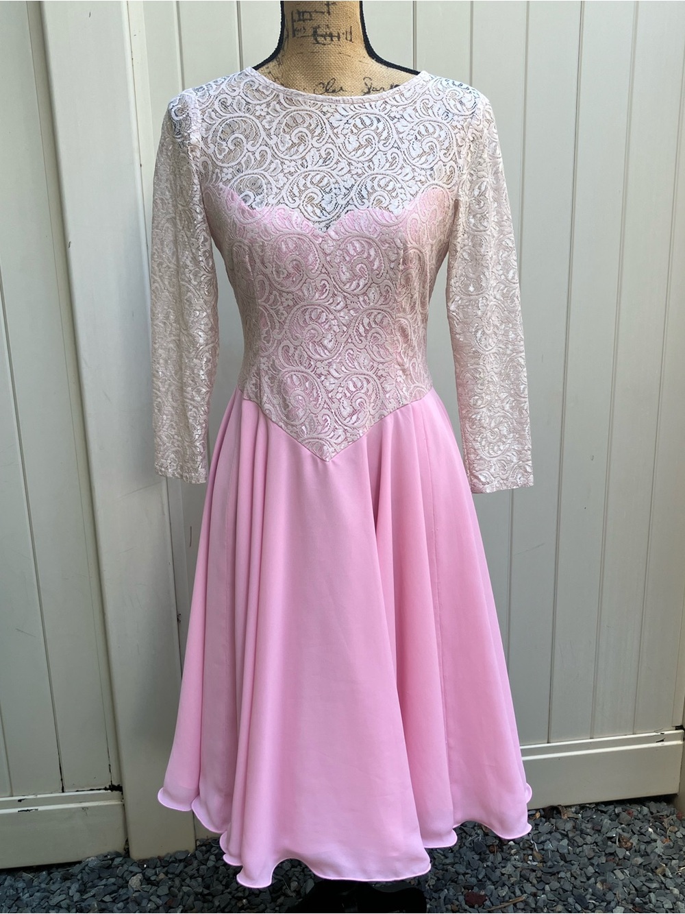 Pink sheer lace midi dress basque sweetheart vintage cowgirl 50s small coquette